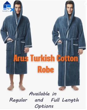 Arus Men's Hooded Classic Bathrobe Turkish Cotton Robe